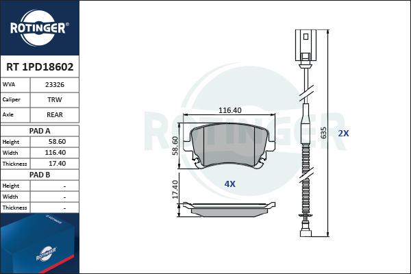 Rotinger RT 1PD18602 - Гальмівні колодки, дискові гальма autocars.com.ua