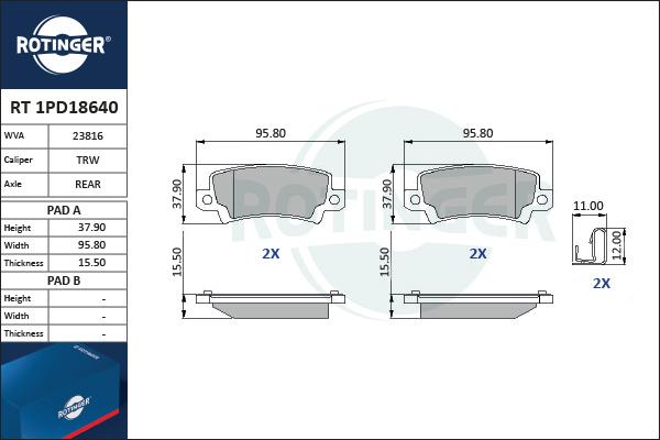 Rotinger RT 1PD18640 - Гальмівні колодки, дискові гальма autocars.com.ua