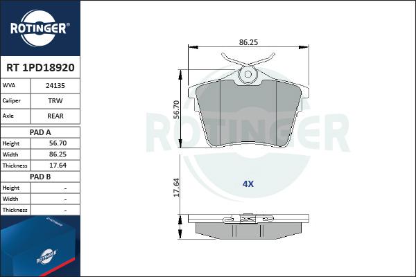 Rotinger RT 1PD18920 - Гальмівні колодки, дискові гальма autocars.com.ua