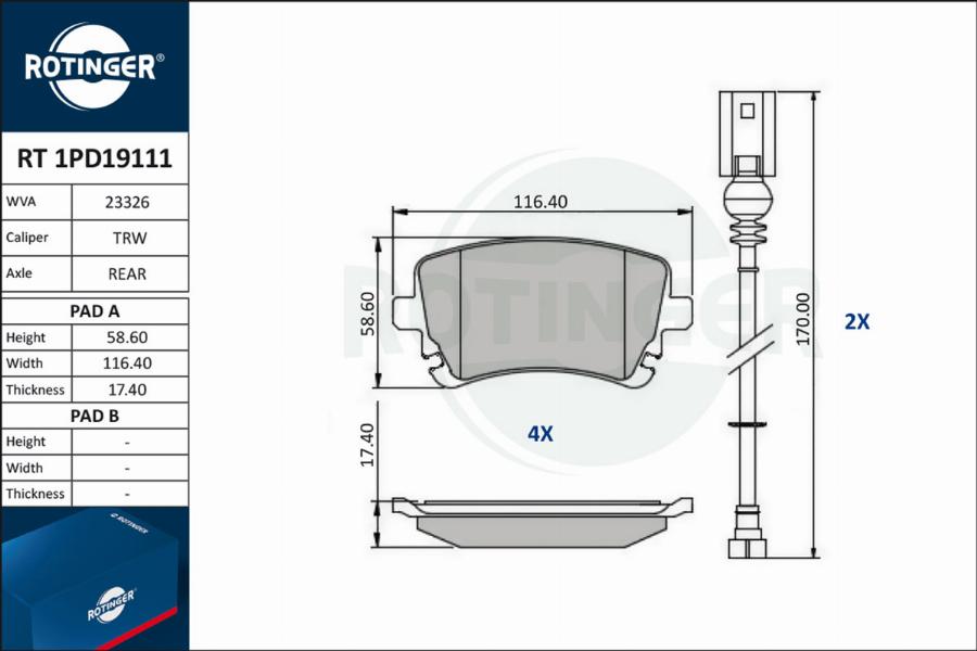 Rotinger RT 1PD19111 - Гальмівні колодки, дискові гальма autocars.com.ua