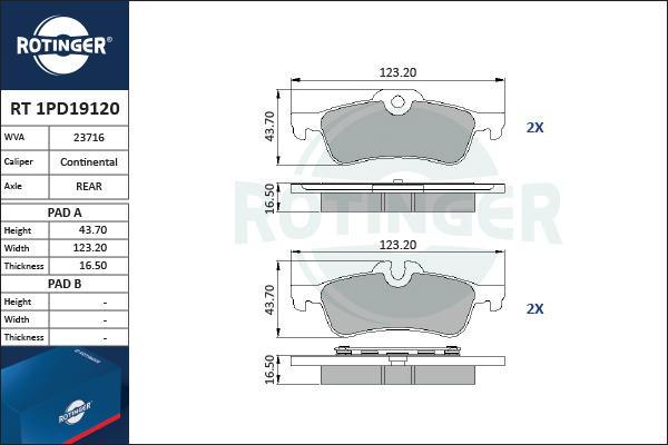 Rotinger RT 1PD19120 - Гальмівні колодки, дискові гальма autocars.com.ua