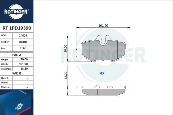 Rotinger RT 1PD19390 - Гальмівні колодки, дискові гальма autocars.com.ua