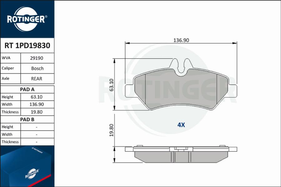 Rotinger RT 1PD19830 - Гальмівні колодки, дискові гальма autocars.com.ua