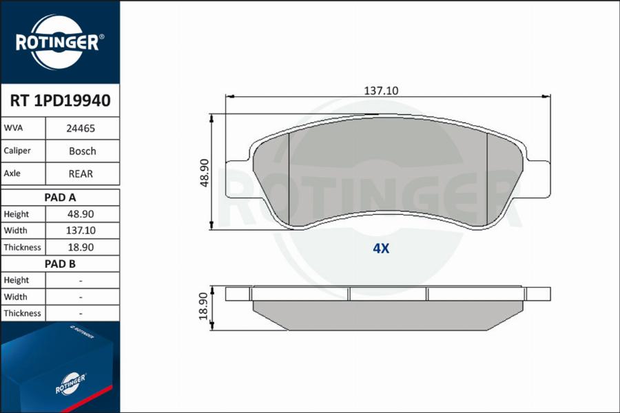 Rotinger RT 1PD19940 - Гальмівні колодки, дискові гальма autocars.com.ua