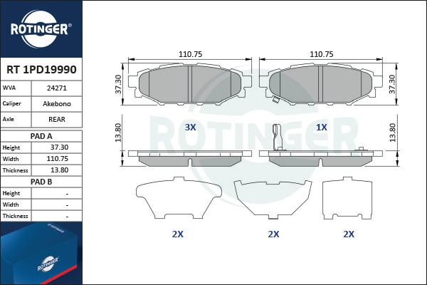 Rotinger RT 1PD19990 - Тормозные колодки, дисковые, комплект avtokuzovplus.com.ua