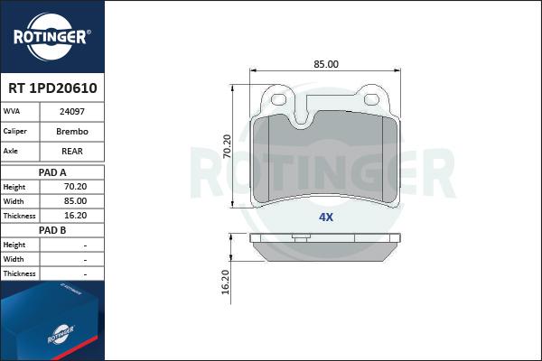 Rotinger RT 1PD20610 - Тормозные колодки, дисковые, комплект avtokuzovplus.com.ua