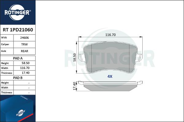 Rotinger RT 1PD21060 - Гальмівні колодки, дискові гальма autocars.com.ua