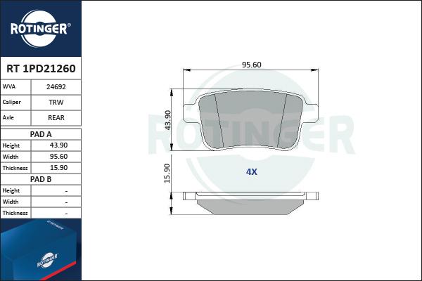 Rotinger RT 1PD21260 - Гальмівні колодки, дискові гальма autocars.com.ua