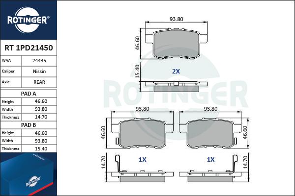 Rotinger RT 1PD21450 - Гальмівні колодки, дискові гальма autocars.com.ua