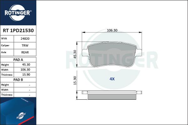 Rotinger RT 1PD21530 - Гальмівні колодки, дискові гальма autocars.com.ua