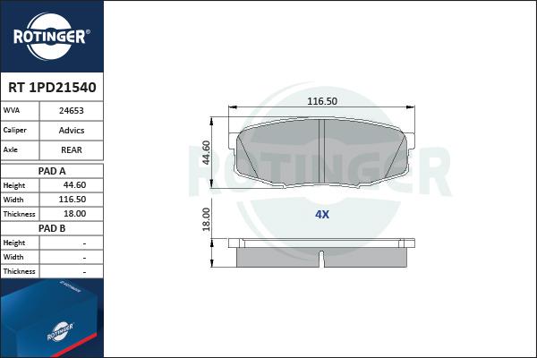 Rotinger RT 1PD21540 - Гальмівні колодки, дискові гальма autocars.com.ua