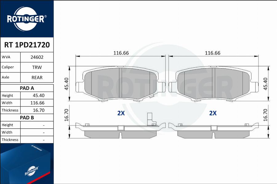 Rotinger RT 1PD21720 - Гальмівні колодки, дискові гальма autocars.com.ua