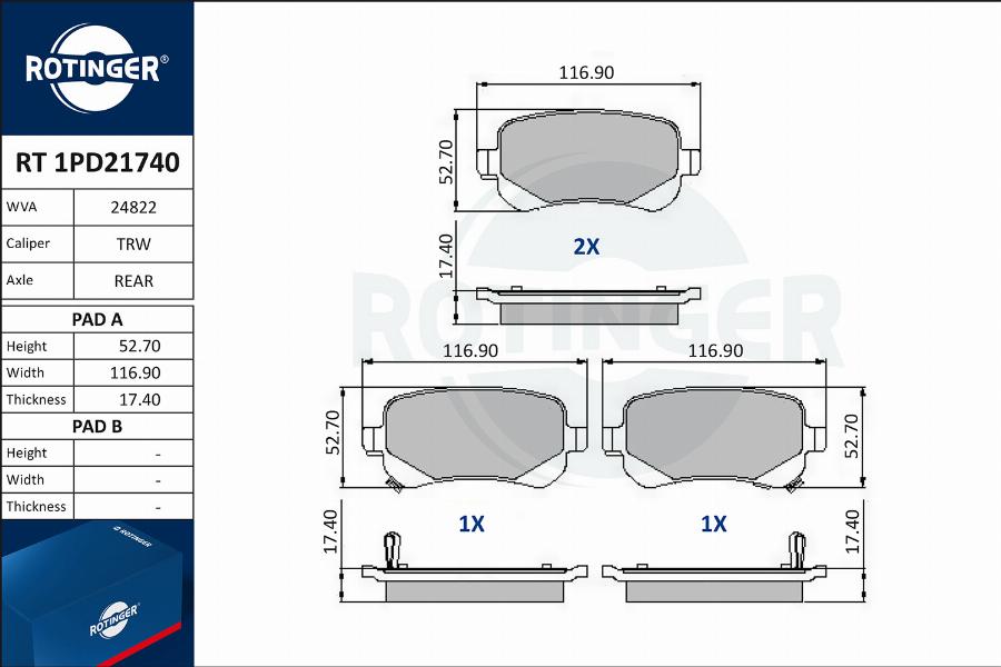 Rotinger RT 1PD21740 - Гальмівні колодки, дискові гальма autocars.com.ua