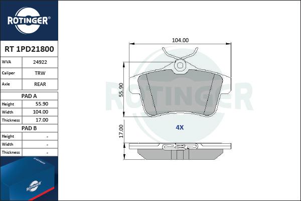 Rotinger RT 1PD21800 - Тормозные колодки, дисковые, комплект avtokuzovplus.com.ua