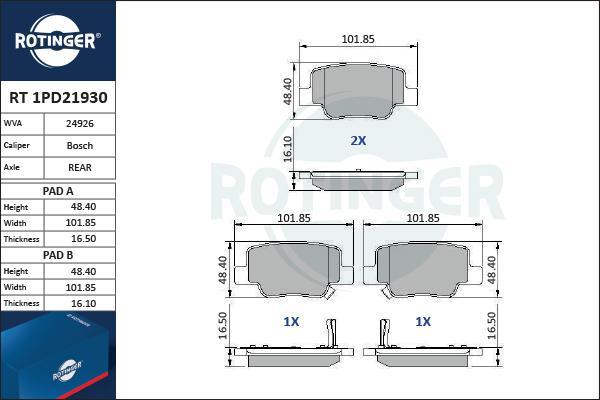 Rotinger RT 1PD21930 - Гальмівні колодки, дискові гальма autocars.com.ua