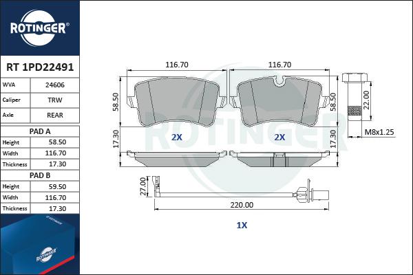 Rotinger RT 1PD22491 - Гальмівні колодки, дискові гальма autocars.com.ua