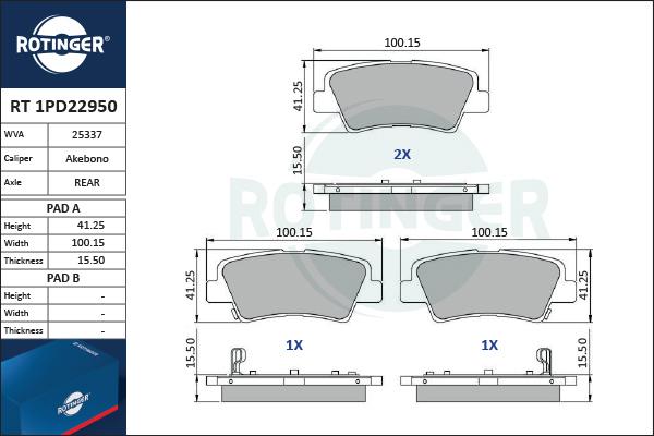 Rotinger RT 1PD22950 - Гальмівні колодки, дискові гальма autocars.com.ua