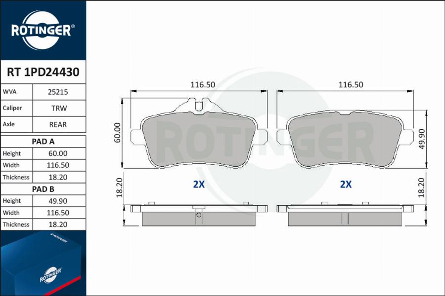 Rotinger RT 1PD24430 - Гальмівні колодки, дискові гальма autocars.com.ua