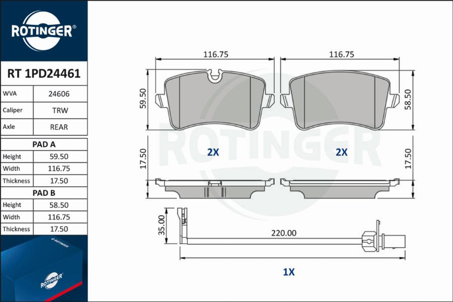 Rotinger RT 1PD24461 - Гальмівні колодки, дискові гальма autocars.com.ua