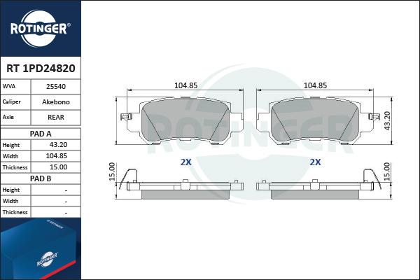 Rotinger RT 1PD24820 - Гальмівні колодки, дискові гальма autocars.com.ua