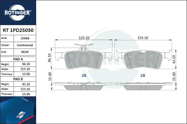 Rotinger RT 1PD25030 - Тормозные колодки, дисковые, комплект avtokuzovplus.com.ua