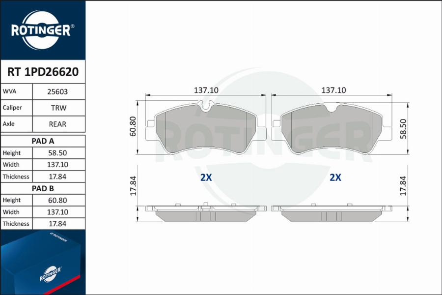 Rotinger RT 1PD26620 - Гальмівні колодки, дискові гальма autocars.com.ua