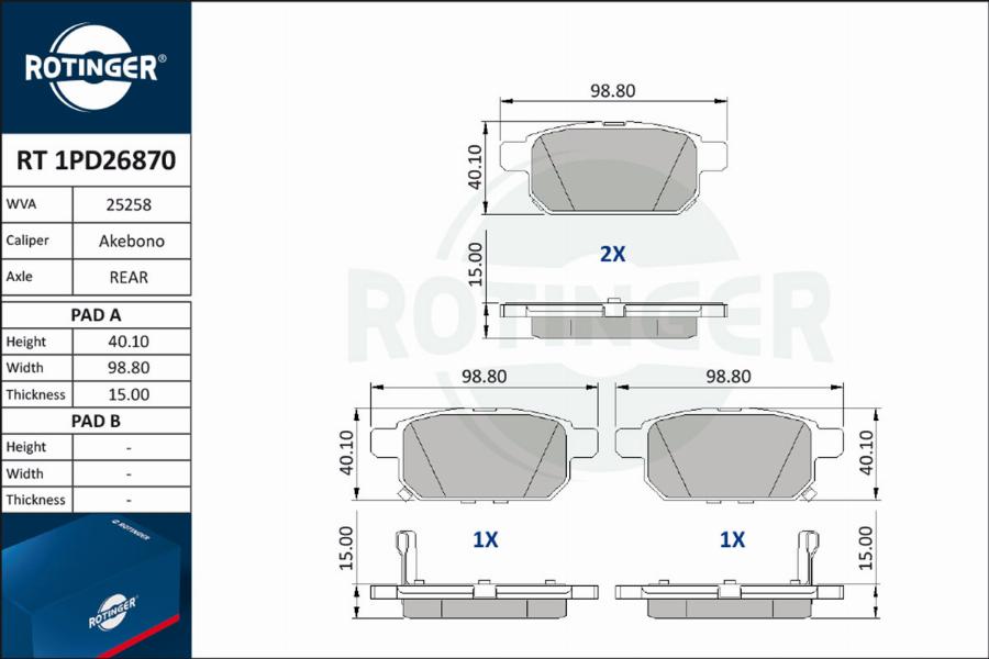 Rotinger RT 1PD26870 - Гальмівні колодки, дискові гальма autocars.com.ua