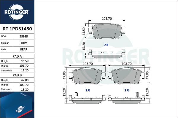 Rotinger RT 1PD31450 - Гальмівні колодки, дискові гальма autocars.com.ua