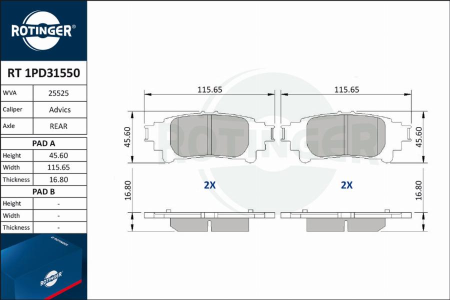 Rotinger RT 1PD31550 - Гальмівні колодки, дискові гальма autocars.com.ua