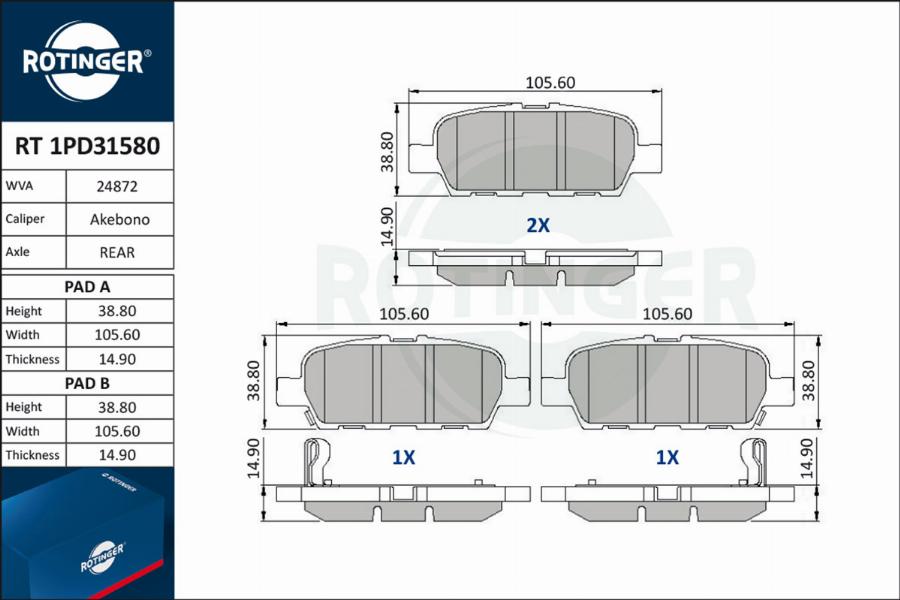 Rotinger RT 1PD31580 - Тормозные колодки, дисковые, комплект autodnr.net