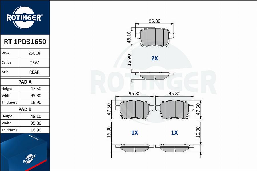 Rotinger RT 1PD31650 - Гальмівні колодки, дискові гальма autocars.com.ua