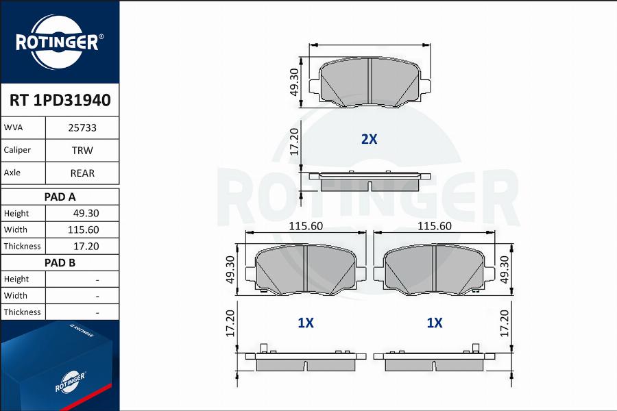 Rotinger RT 1PD31940 - Гальмівні колодки, дискові гальма autocars.com.ua