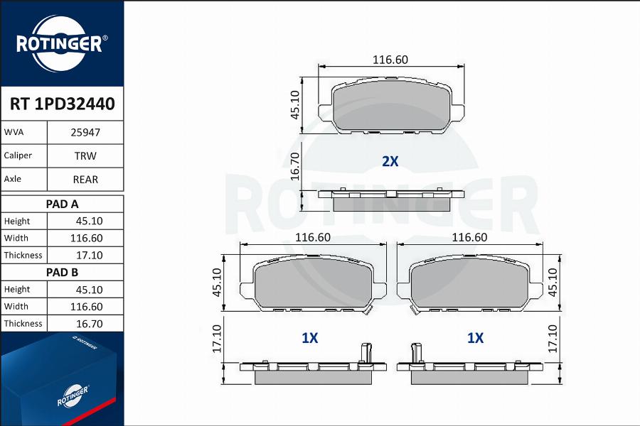 Rotinger RT 1PD32440 - Гальмівні колодки, дискові гальма autocars.com.ua