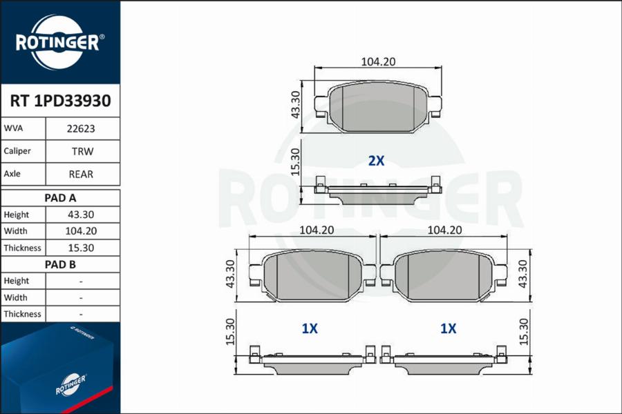 Rotinger RT 1PD33930 - Тормозные колодки, дисковые, комплект autodnr.net