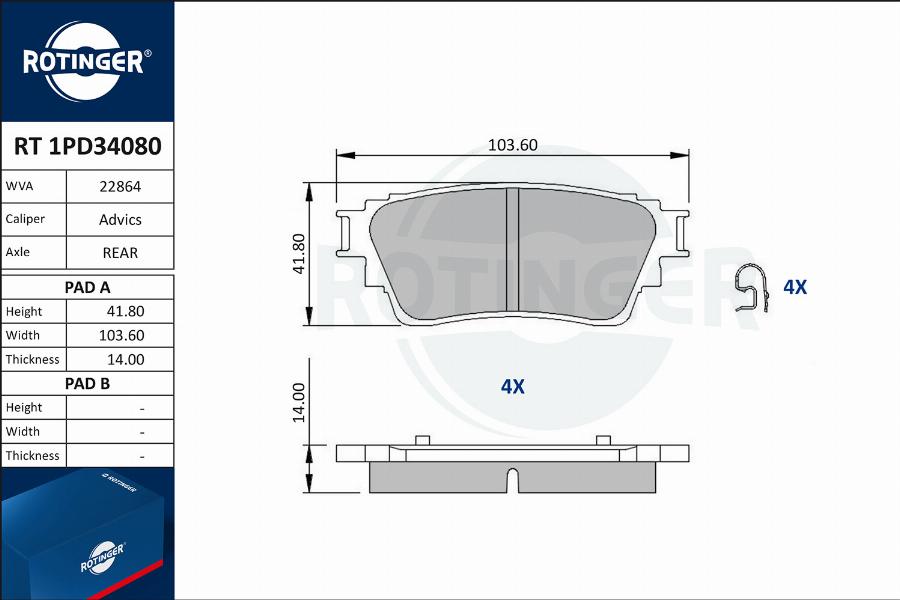 Rotinger RT 1PD34080 - Гальмівні колодки, дискові гальма autocars.com.ua