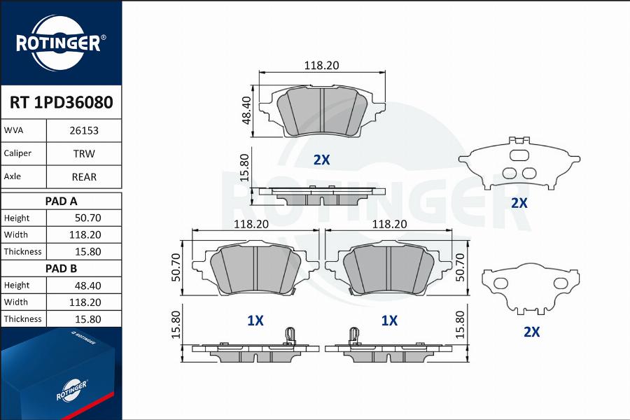 Rotinger RT 1PD36080 - Гальмівні колодки, дискові гальма autocars.com.ua