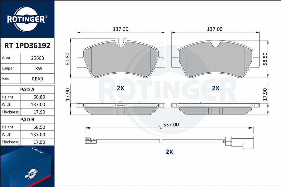 Rotinger RT 1PD36192 - Гальмівні колодки, дискові гальма autocars.com.ua