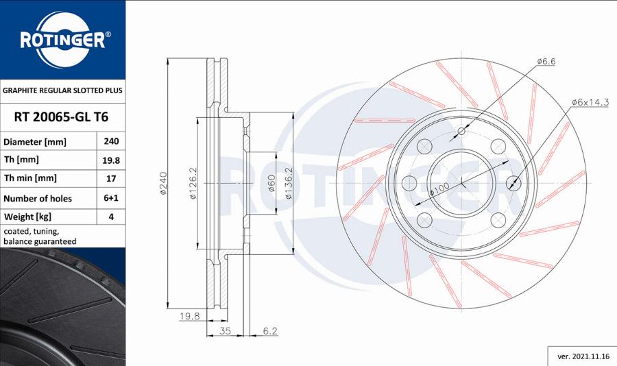 Rotinger RT 20065-GL T6 - Тормозной диск avtokuzovplus.com.ua