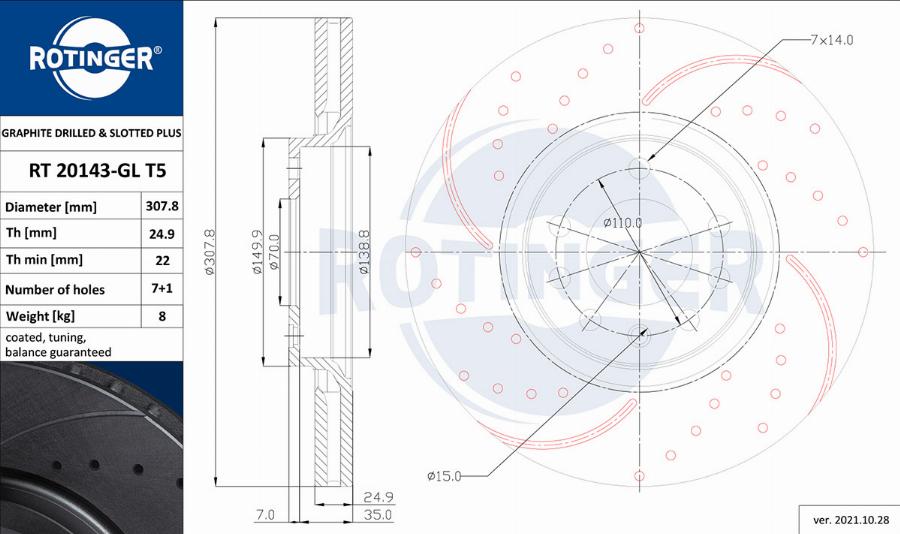 Rotinger RT 20143-GL T5 - Тормозной диск avtokuzovplus.com.ua