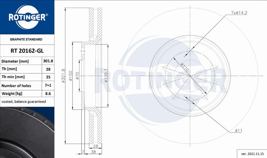 Rotinger RT 20162-GL - Тормозной диск avtokuzovplus.com.ua