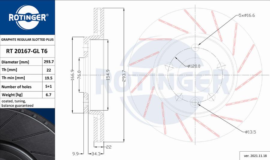 Rotinger RT 20167-GL T6 - Тормозной диск avtokuzovplus.com.ua