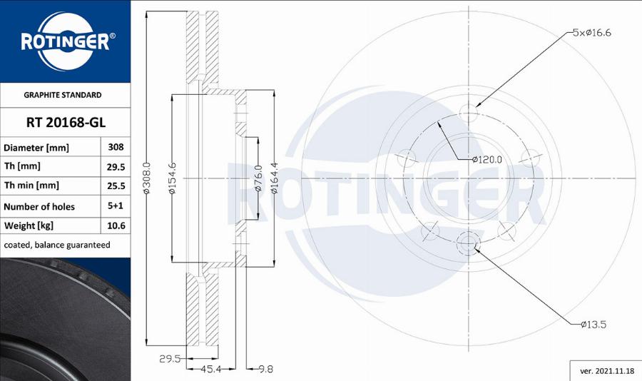 Rotinger RT 20168-GL - Тормозной диск avtokuzovplus.com.ua