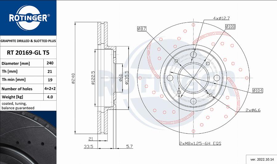 Rotinger RT 20169-GL T5 - Тормозной диск avtokuzovplus.com.ua