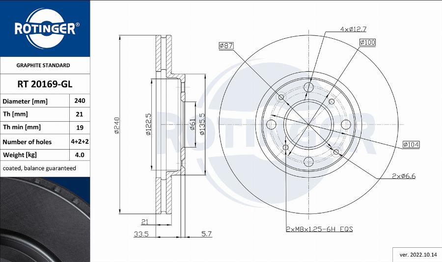 Rotinger RT 20169-GL - Тормозной диск avtokuzovplus.com.ua