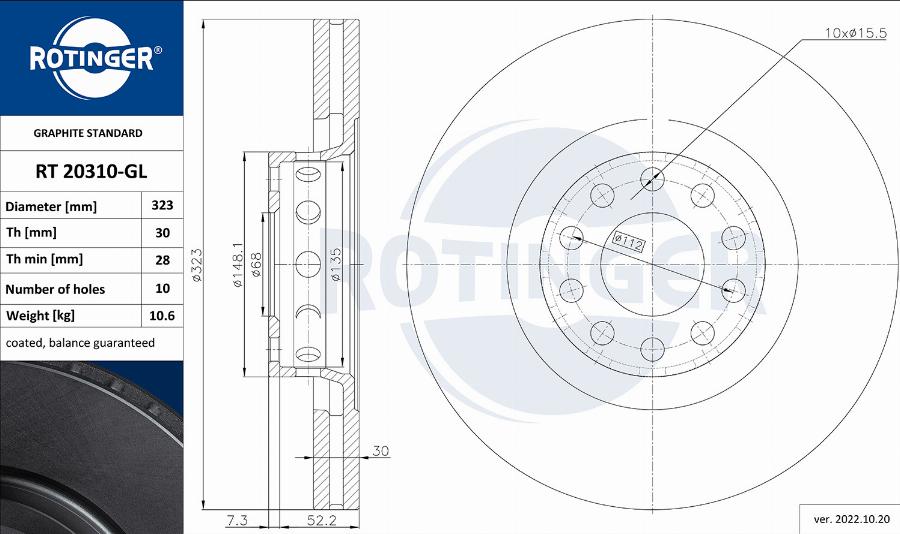 Rotinger RT 20310-GL - Тормозной диск avtokuzovplus.com.ua