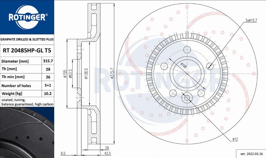 Rotinger RT 20485HP-GL T5 - Тормозной диск avtokuzovplus.com.ua