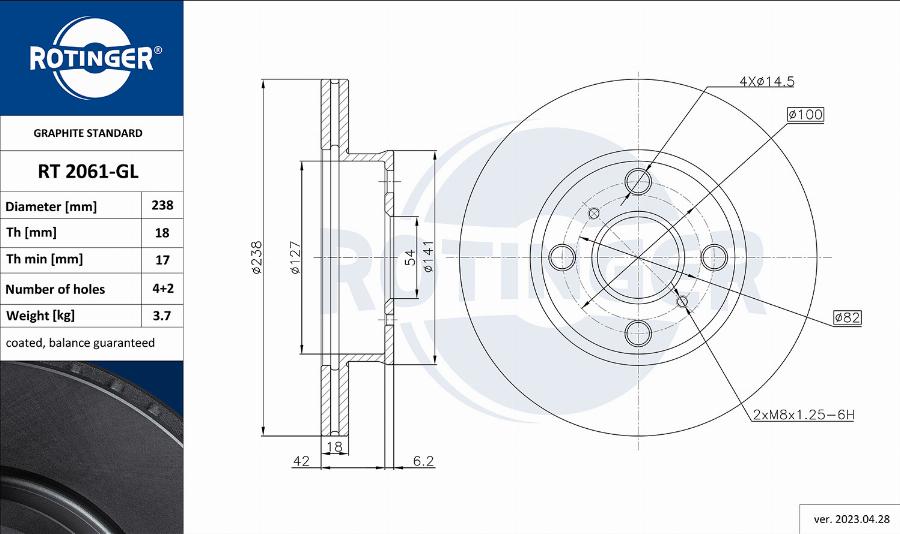 Rotinger RT 2061-GL - Тормозной диск avtokuzovplus.com.ua