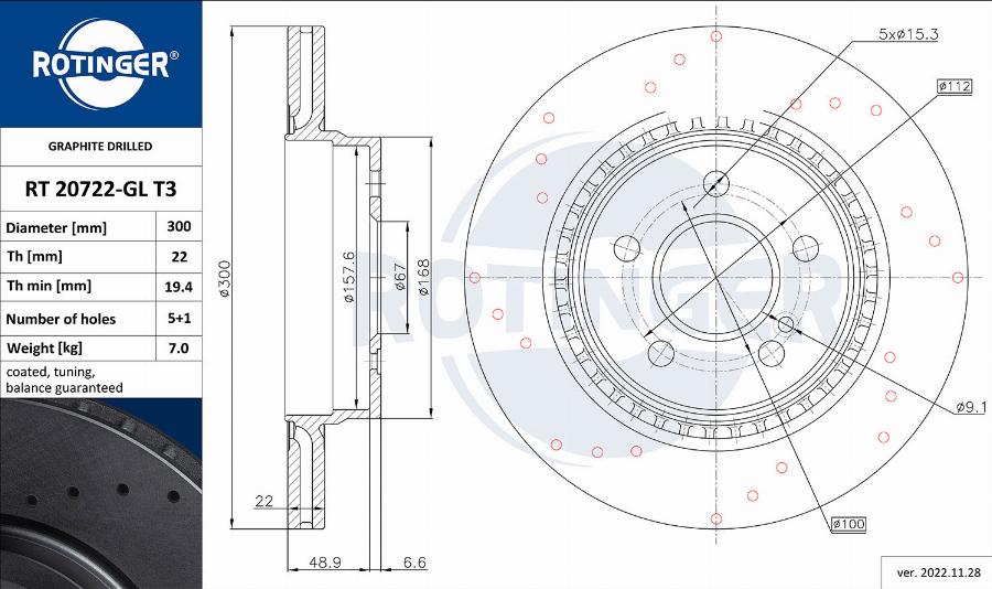 Rotinger RT 20722-GL T3 - Тормозной диск avtokuzovplus.com.ua