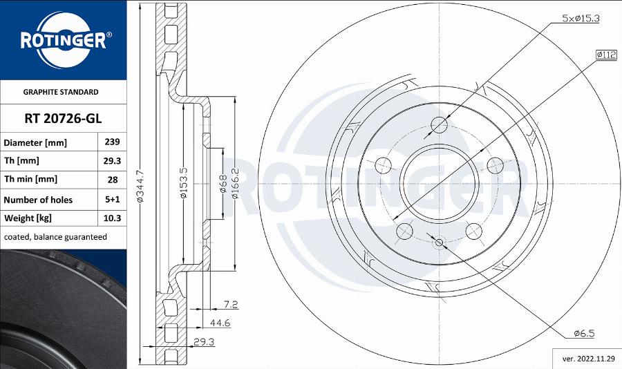 Rotinger RT 20726-GL - Гальмівний диск autocars.com.ua