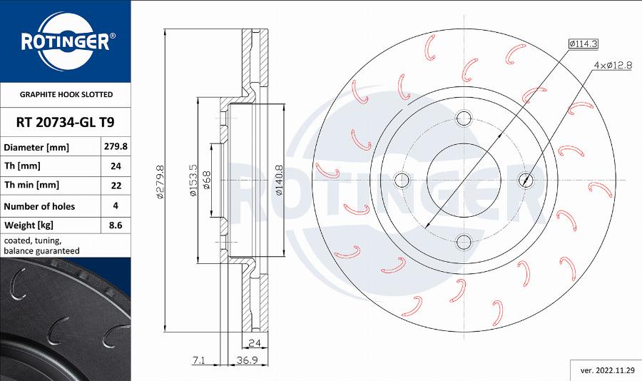 Rotinger RT 20734-GL T9 - Тормозной диск avtokuzovplus.com.ua